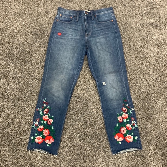 Madewell The High-Rise Slim Boyjean: Floral Embroidered Size 27 Raw Hem - Picture 1 of 5